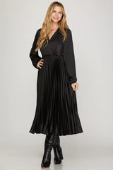 Black Long Sleeve Satin Pleated Midi Dress