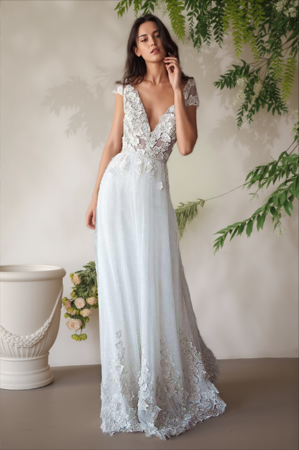 Ivory Cap Sleeve See Through Wedding Dress Beach Bridal Dress WD332