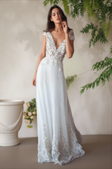 Ivory Cap Sleeve See Through Wedding Dress Beach Bridal Dress WD332