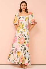 Floral Short Sleeve Square Neck Midi Dress