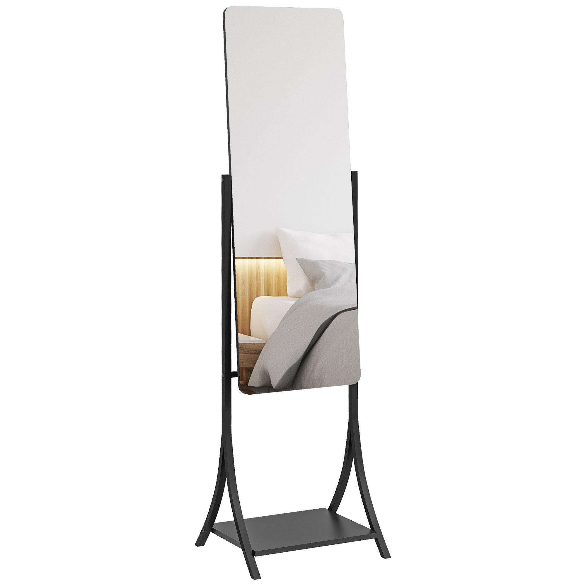 Full Length Free Standing Dressing Mirror with Adjustable Angle & Storage Shelf - Black