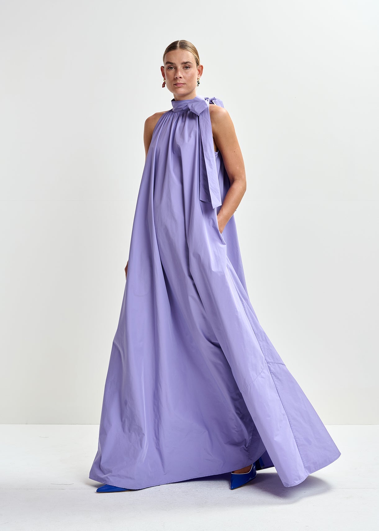 Essentiel Antwerp Jayda maxi dress in lilac with a high neck tie