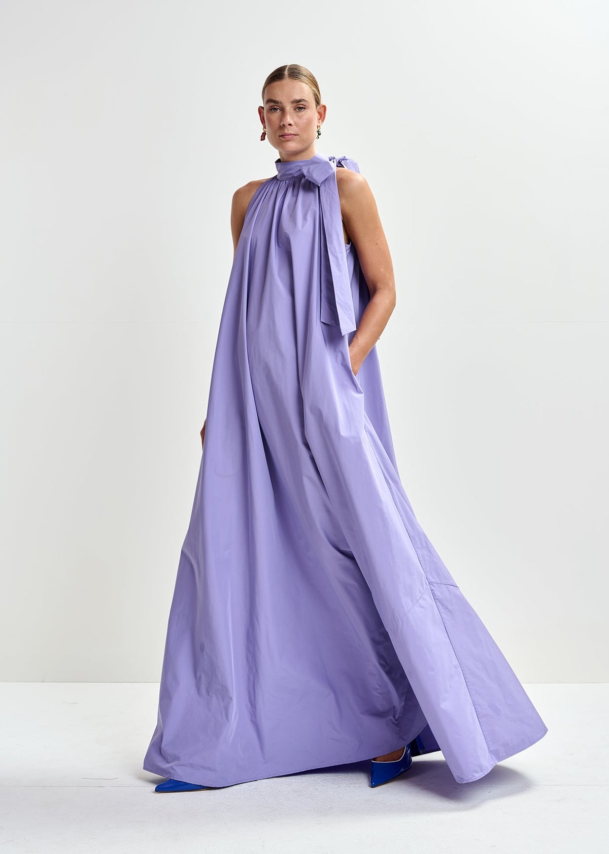 Essentiel Antwerp Jayda maxi dress in lilac with a high neck tie