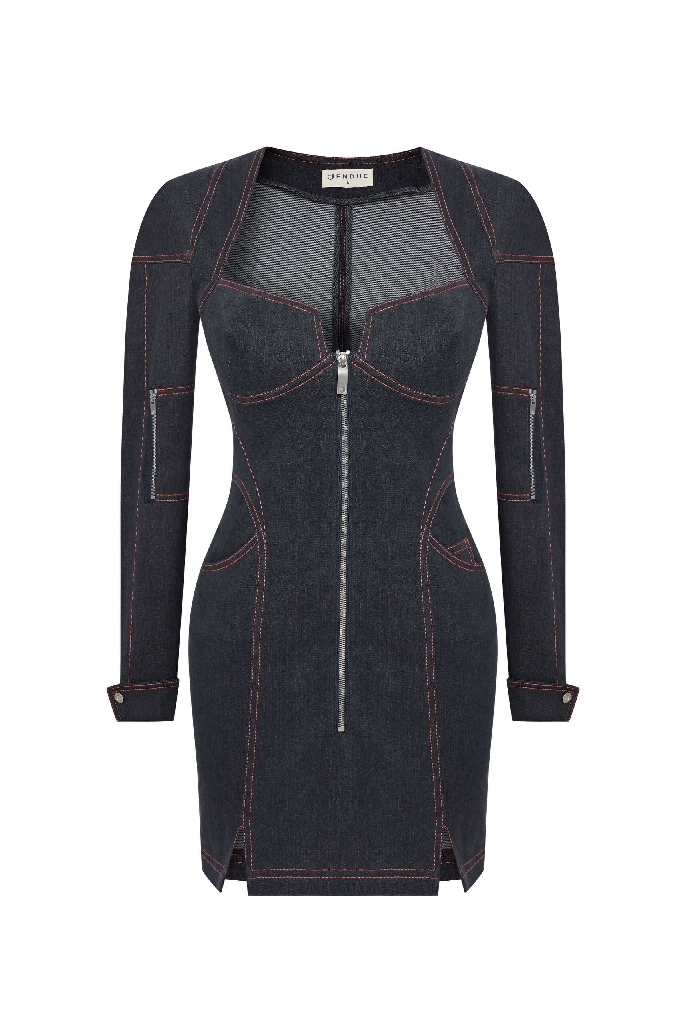 Dark blue JENDUE Zeitgeist Denim Dress: a stylish mini dress with long sleeves, a full front zipper, and red contrast stitching.