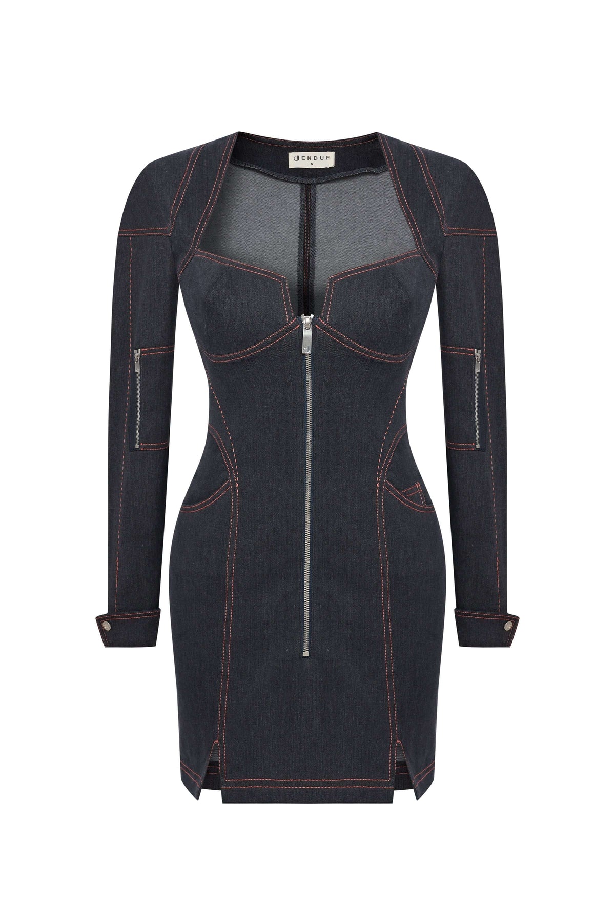 Dark blue JENDUE Zeitgeist Denim Dress: a stylish mini dress with long sleeves, a full front zipper, and red contrast stitching.