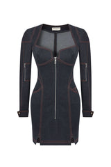 Dark blue JENDUE Zeitgeist Denim Dress: a stylish mini dress with long sleeves, a full front zipper, and red contrast stitching.