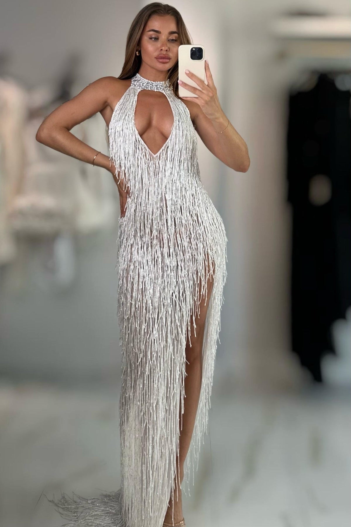 Jessica Bara Reesia Crystal Fringe Cut Out Slit Maxi Dress