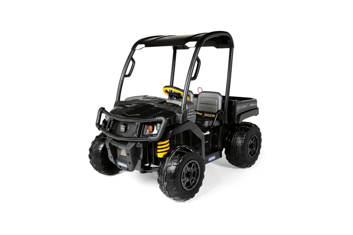 John Deere Gator XUV Midnight Black 12-Volt ride-on vehicle with sporty roof, large dump bed, and rugged traction tires