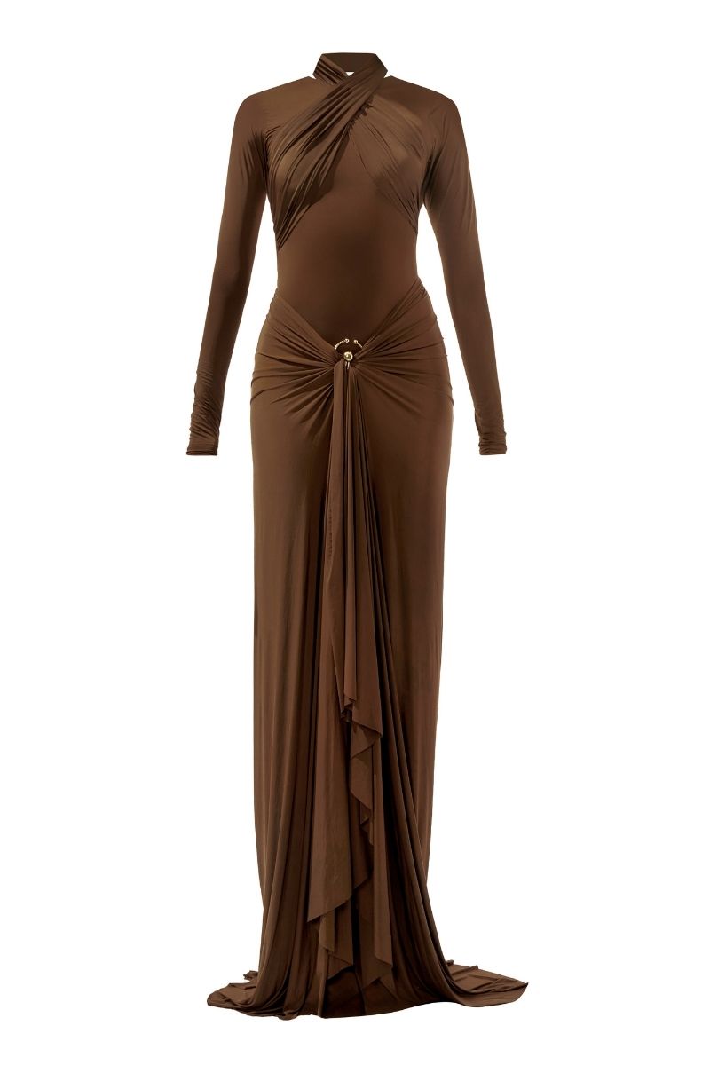 Deme By Gabriella June chocolate brown fitted maxi dress featuring a sleek, elegant silhouette and ankle-length design.