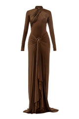 Deme By Gabriella June chocolate brown fitted maxi dress featuring a sleek, elegant silhouette and ankle-length design.