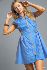Timeless Flare Zip Front Mini Dress - Blue