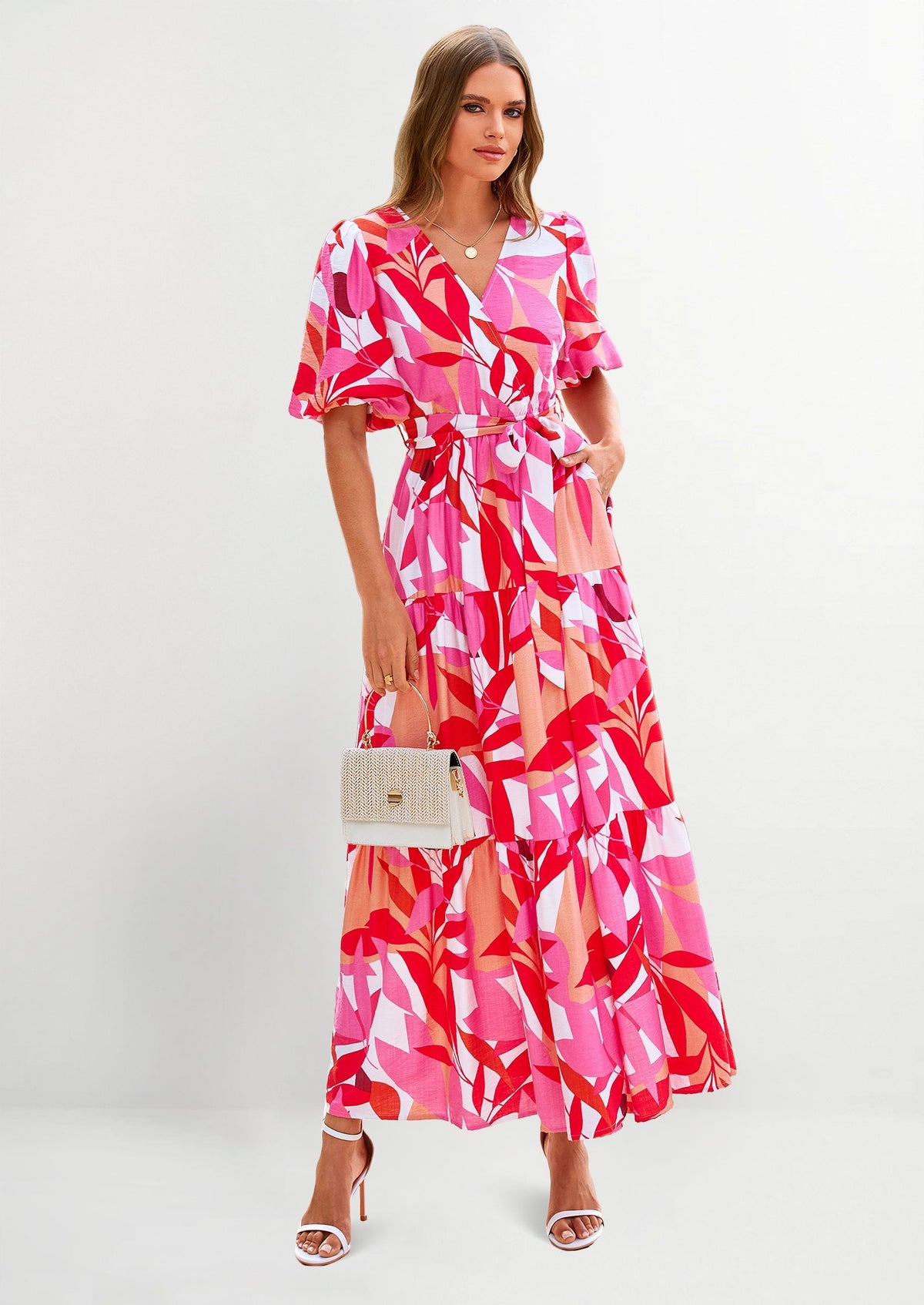 PRETTYGARDEN Women's Maxi Dress Resort Wear Boho Floral V Neck Puff Short Sleeve Ruffle Flowy Beach Long Dresses PRETTYGARDEN