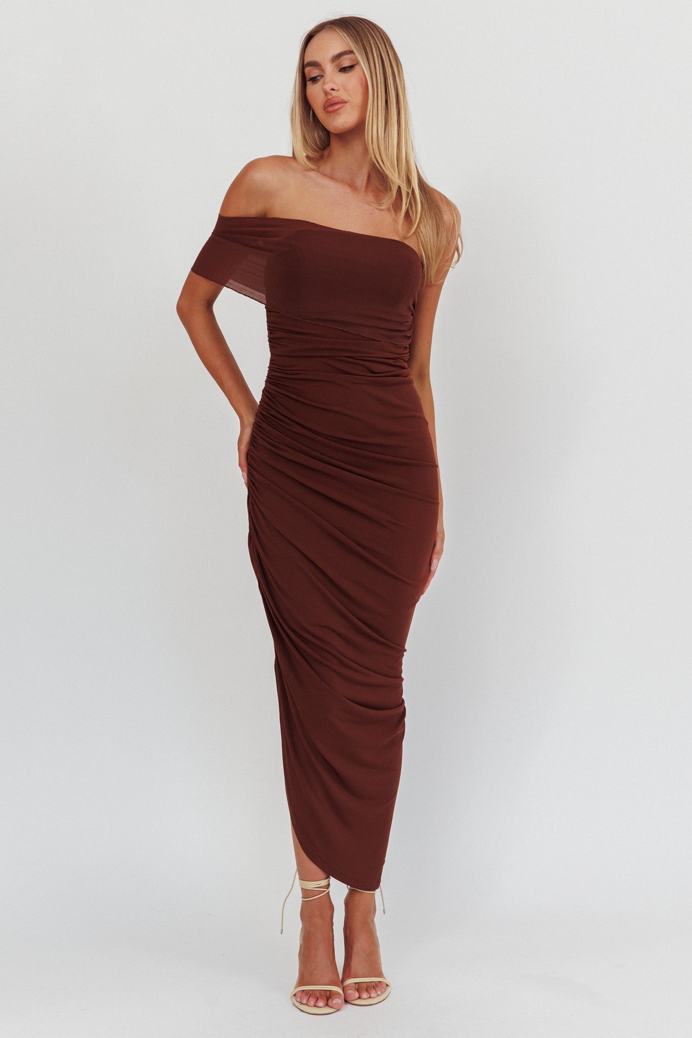 Matches One Shoulder Bodycon Maxi Dress Chocolate by Selfie Leslie