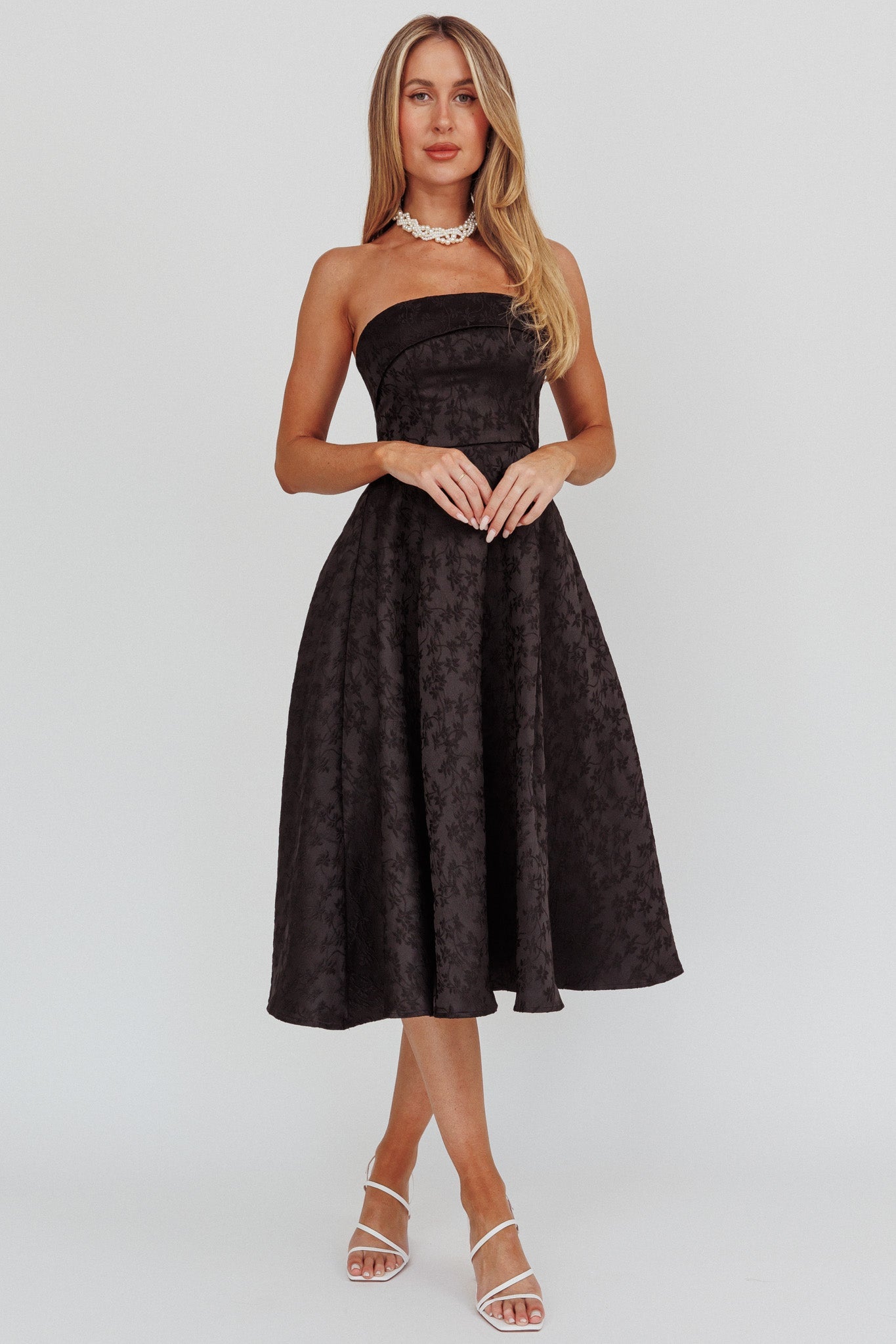 Worship Strapless A-Line Midi Dress Black by Selfie Leslie