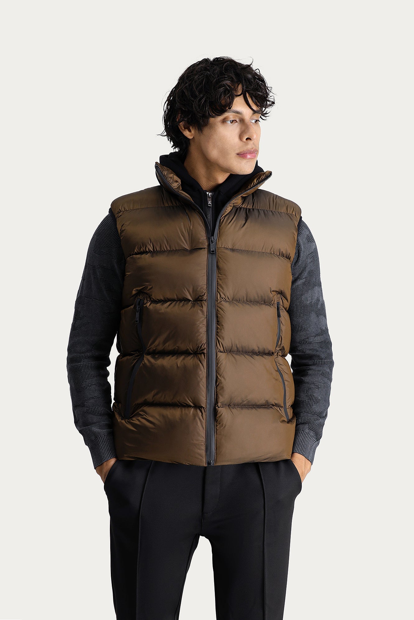 Orta Haki Slim Fit Dar Kesim Kapü?onlu ?i?me Yelek-Ki??l?