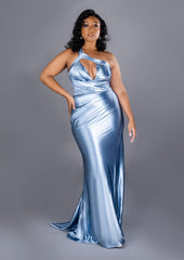 Fitted stretch satin bridesmaid dress with one shoulder detailing, ruching, and keyhole neckline on plus size curvy model