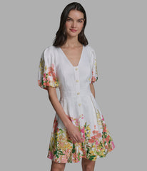 LINEN-BLEND FLORAL FIT AND FLARE DRESS