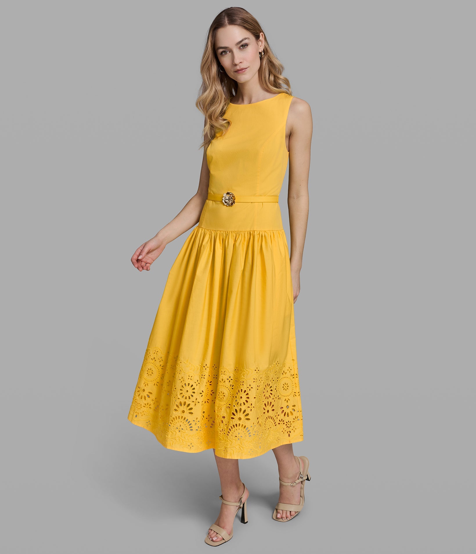 COTTON-POPLIN EYELET DROP WAIST MIDI DRESS