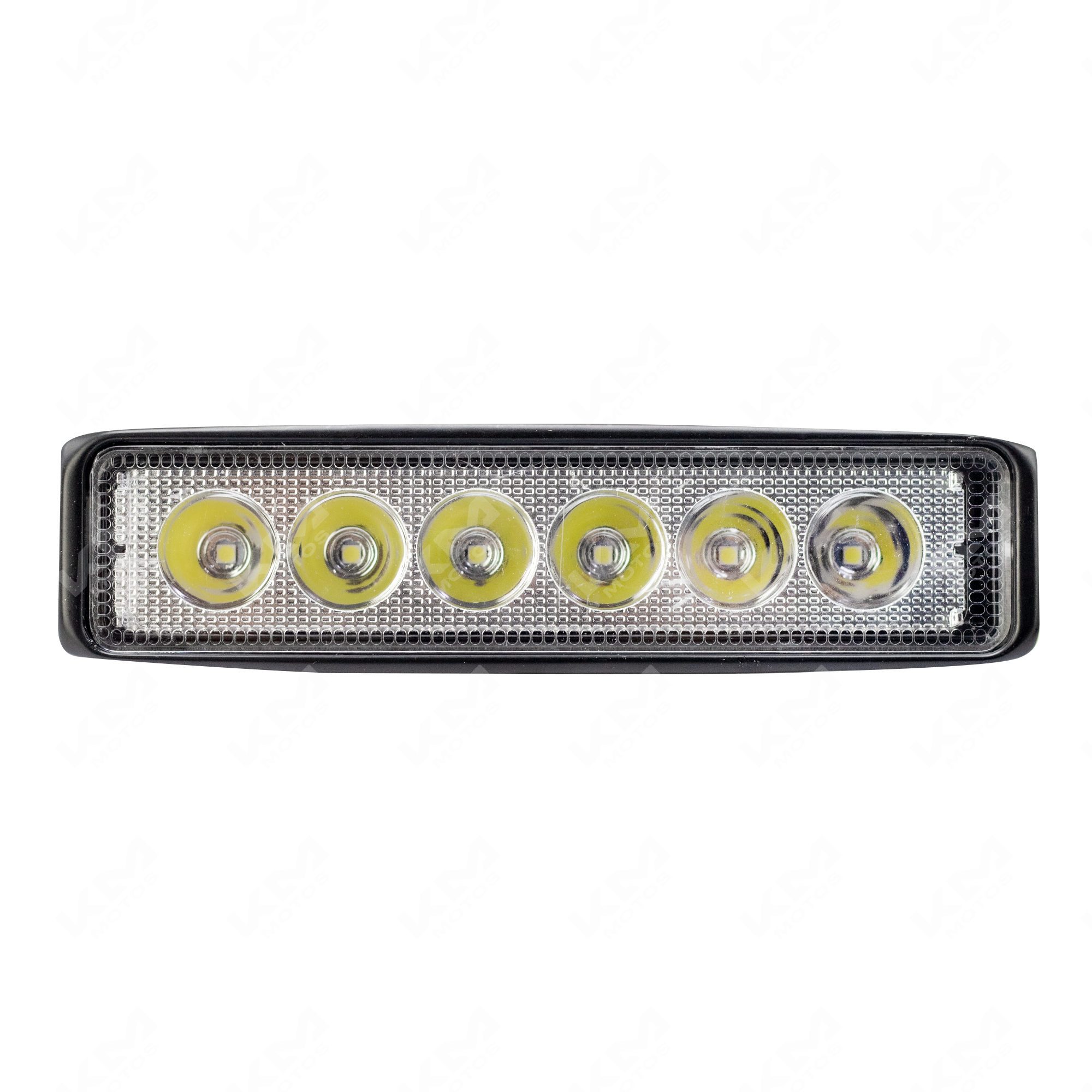 Luz LED de barra larga de metal KM Motos, 6 puntos, iluminación brillante para motocicletas, en color negro con acabado metálico.