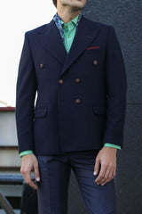 WSS Mens Double Breasted Slim Fit Navy Blue Blazer  - Land O Lakes