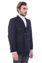 WSS Mens Double Breasted Slim Fit Navy Blue Blazer  - Land O Lakes
