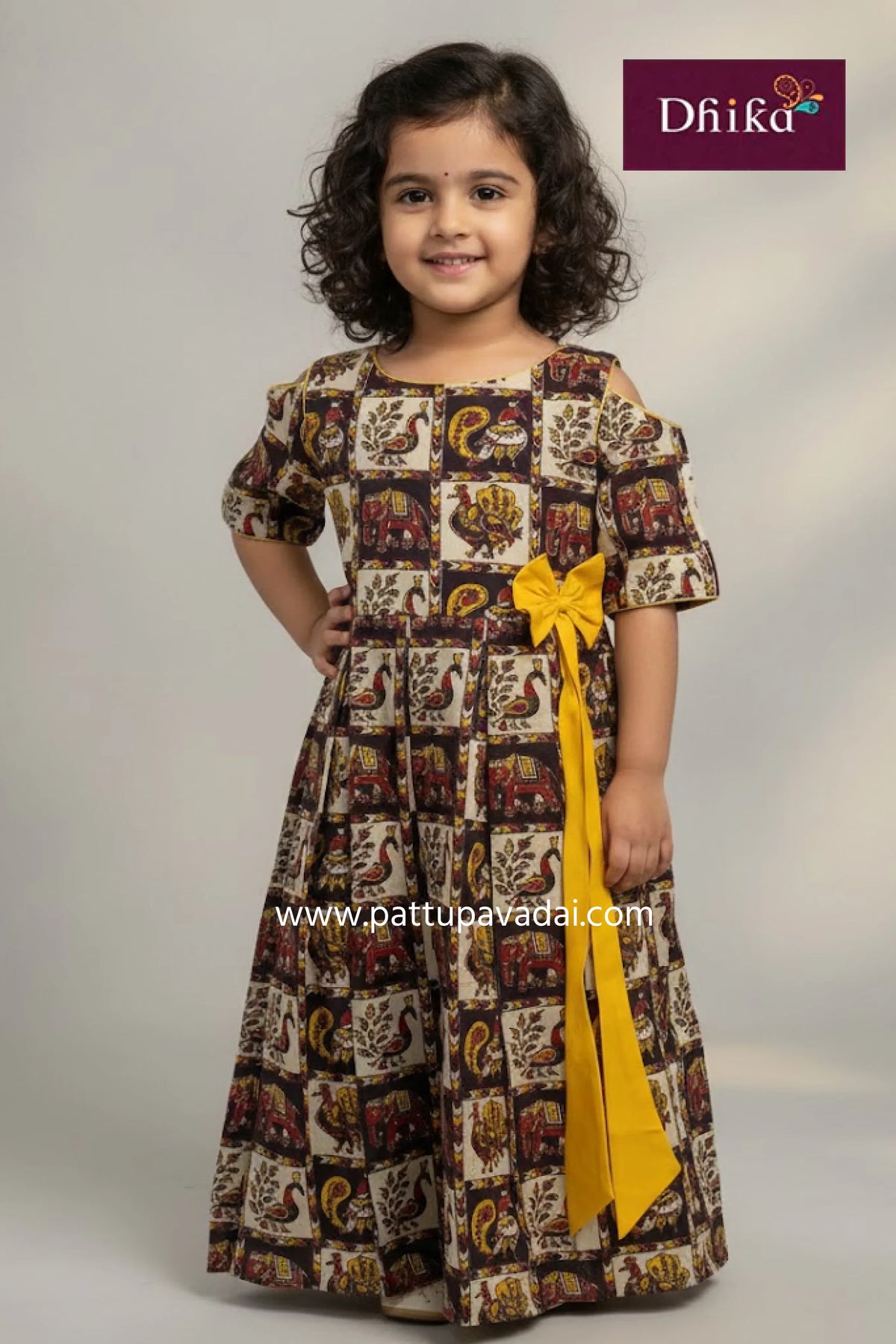 kalamkari black and yellow box pleated long gown for kids cotton traditional summer long dress with cloud shoulders and bow