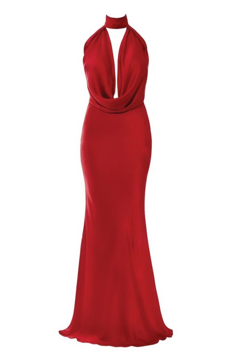 Deme By Gabriella Kathy red satin backless gown displayed on a hanger with flowing fabric and elegant design.