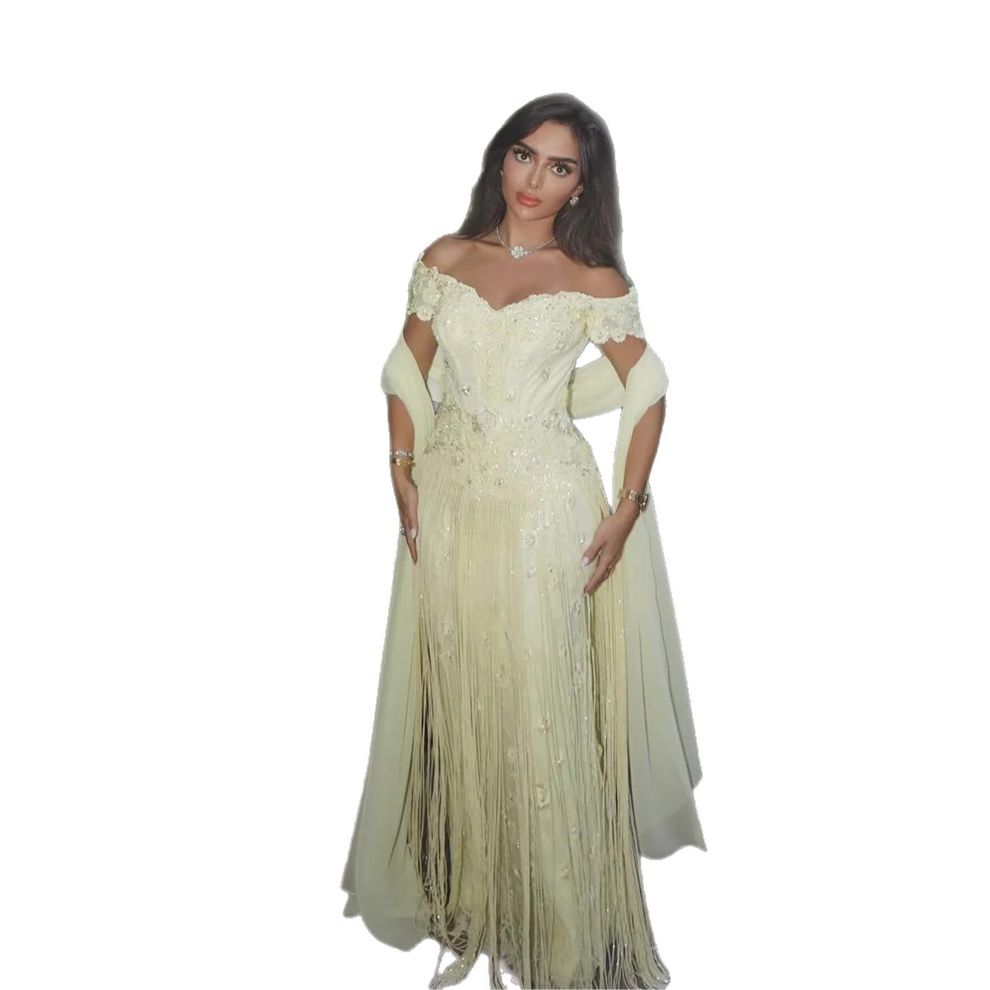 Luxury Yellow Beaded Tassel Off Shoulder Evening Dress LA73614 - SERENE  HILL