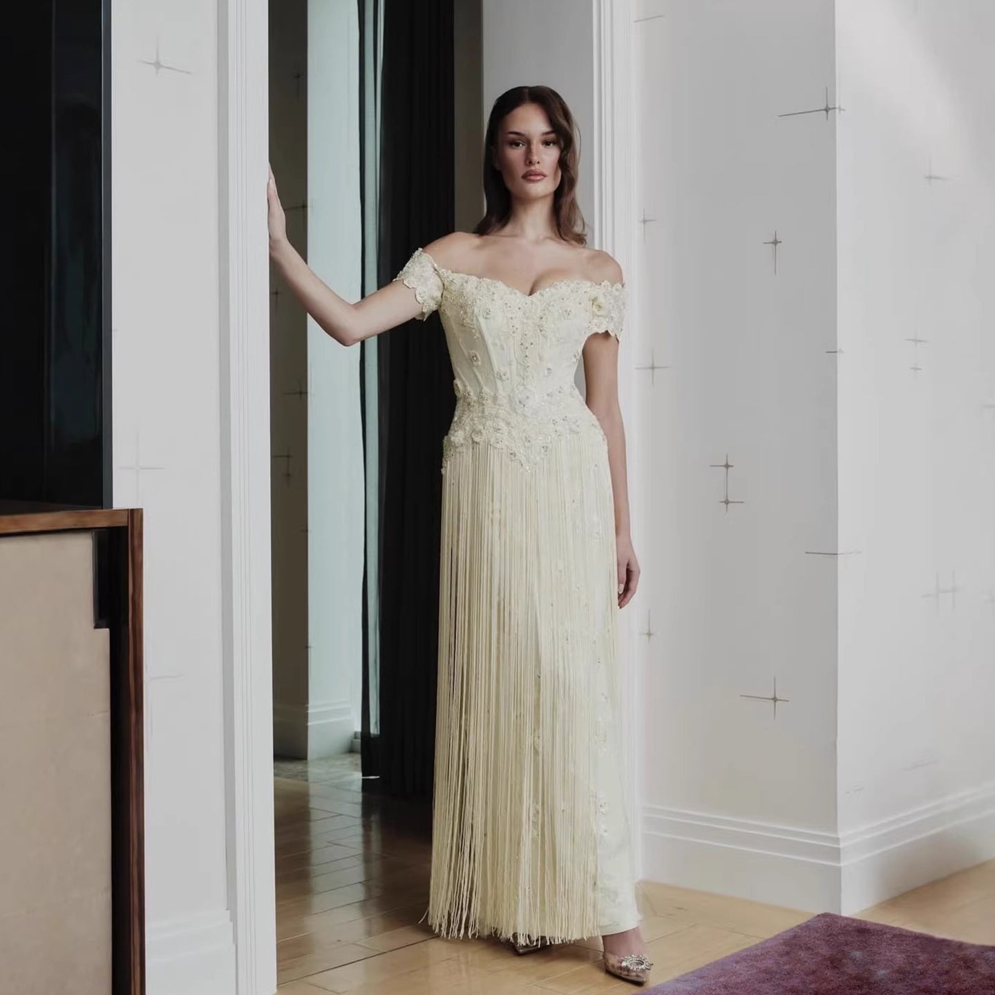 Luxury Yellow Beaded Tassel Off Shoulder Evening Dress LA73614 - SERENE  HILL