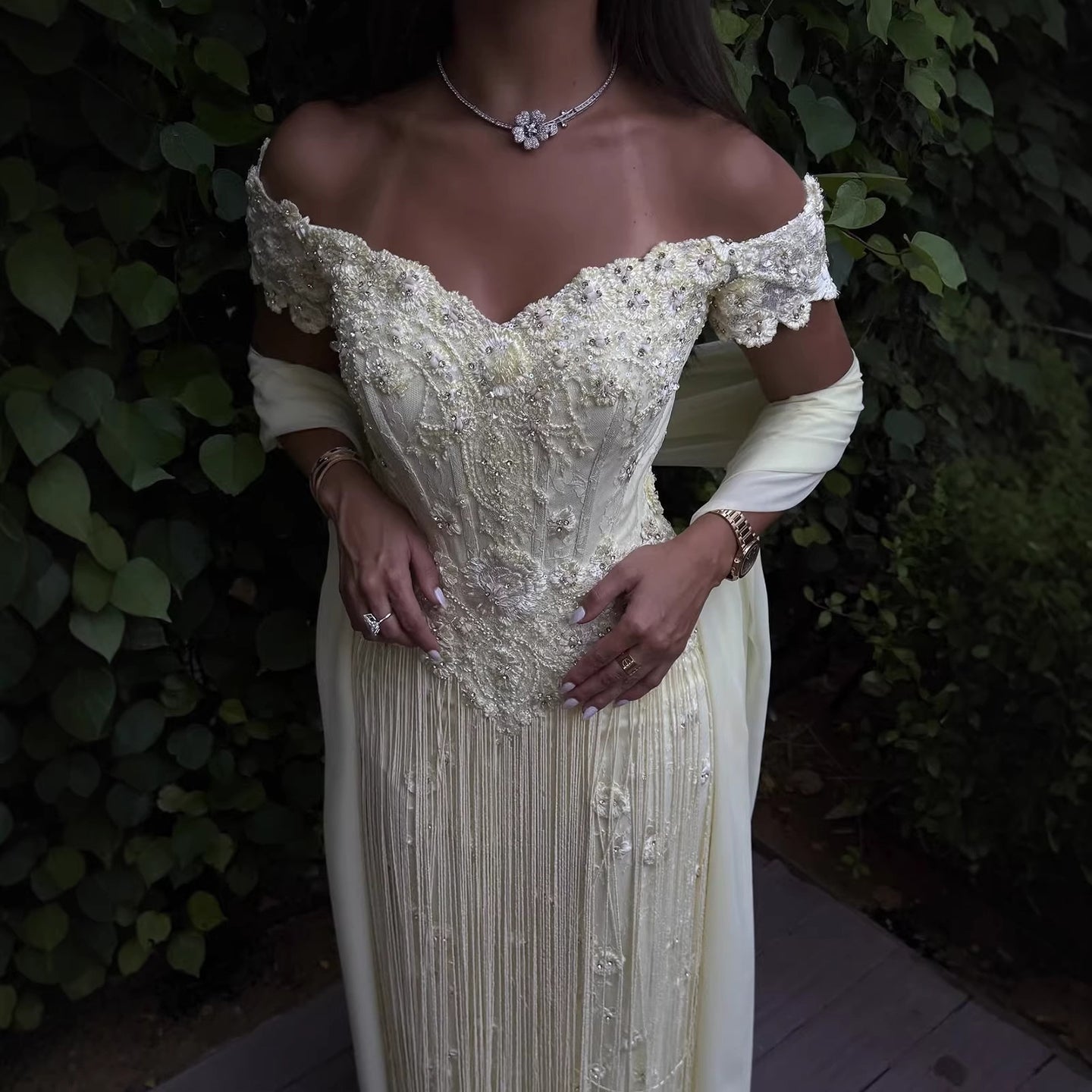 Luxury Yellow Beaded Tassel Off Shoulder Evening Dress LA73614 - SERENE  HILL