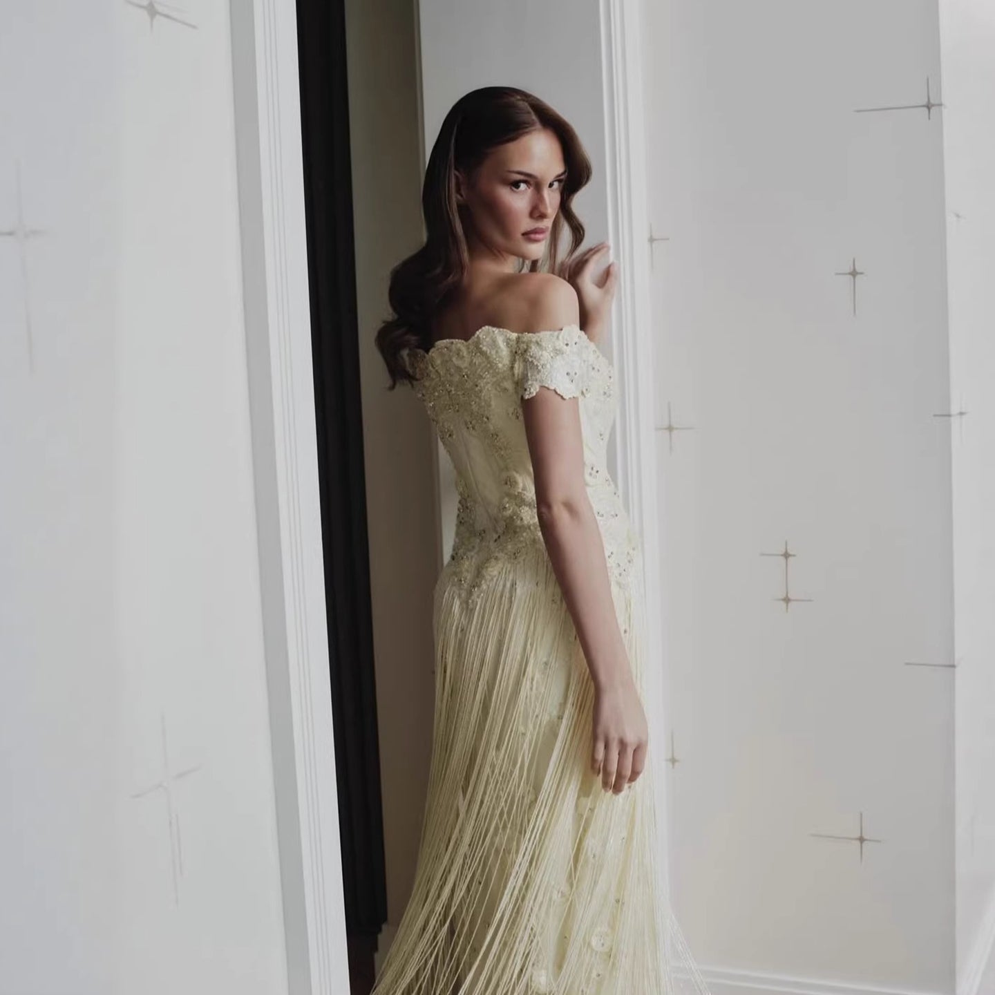 Luxury Yellow Beaded Tassel Off Shoulder Evening Dress LA73614 - SERENE  HILL