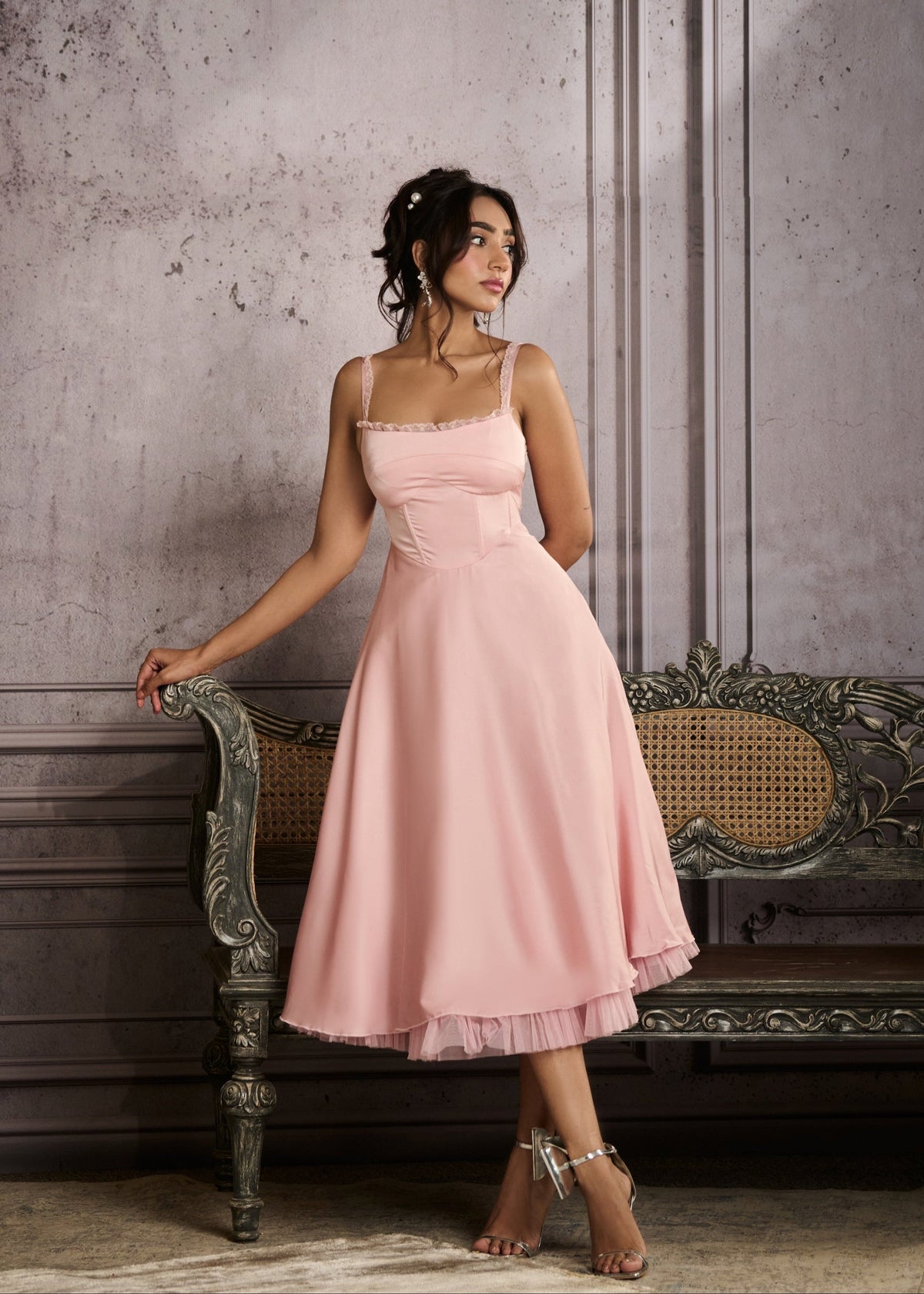 Sybil Baby Pink A-Line Corset Midi Dress