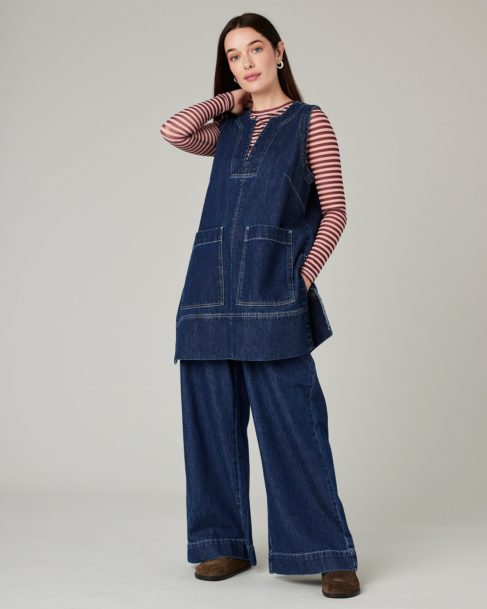 model wears tabby dark wash denim tunic