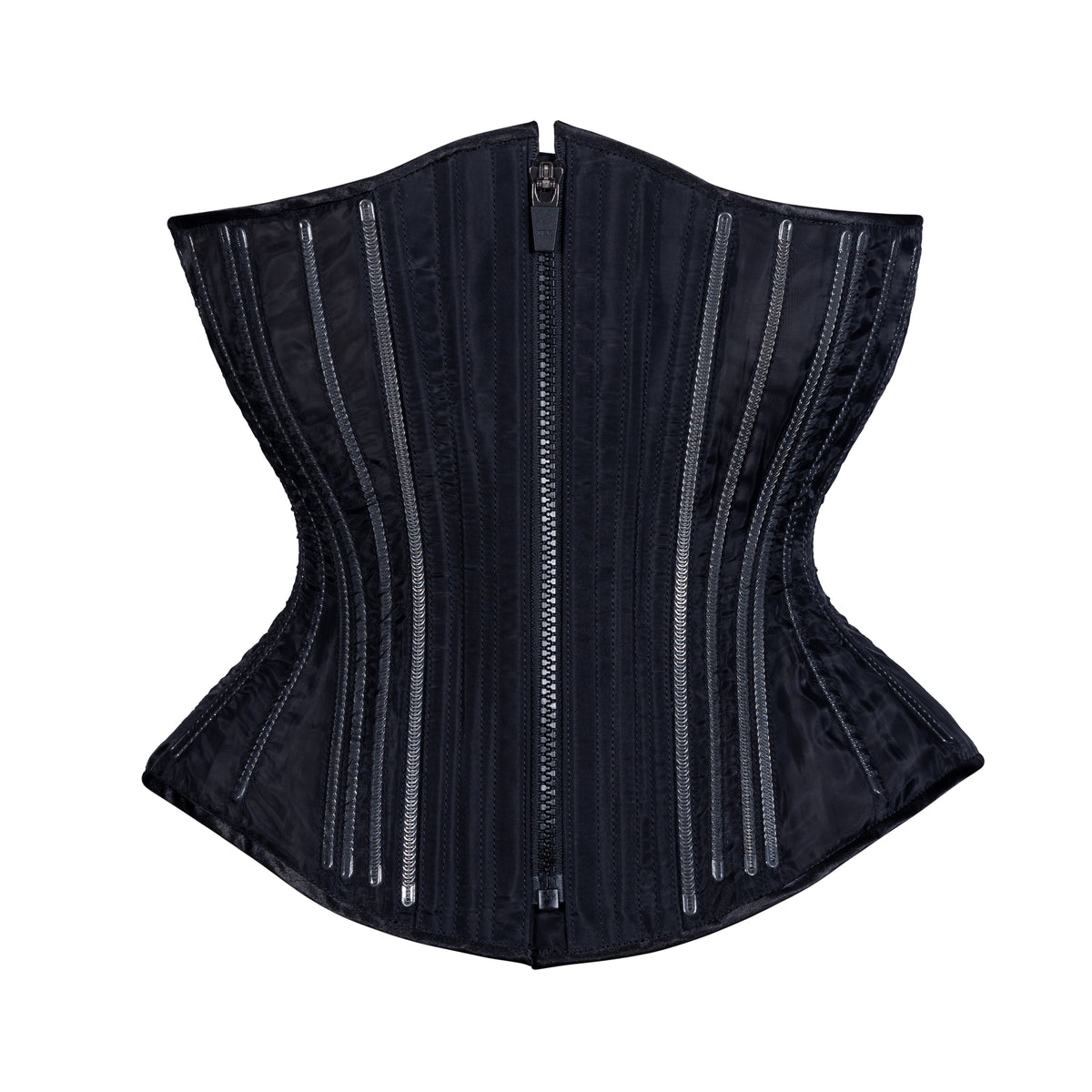 Black Fine Mesh No Line Corset, hourglass silhouette, regular underbust length, front view with black zipper closure