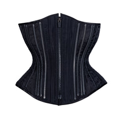 Black Fine Mesh No Line Corset, hourglass silhouette, regular underbust length, front view with black zipper closure