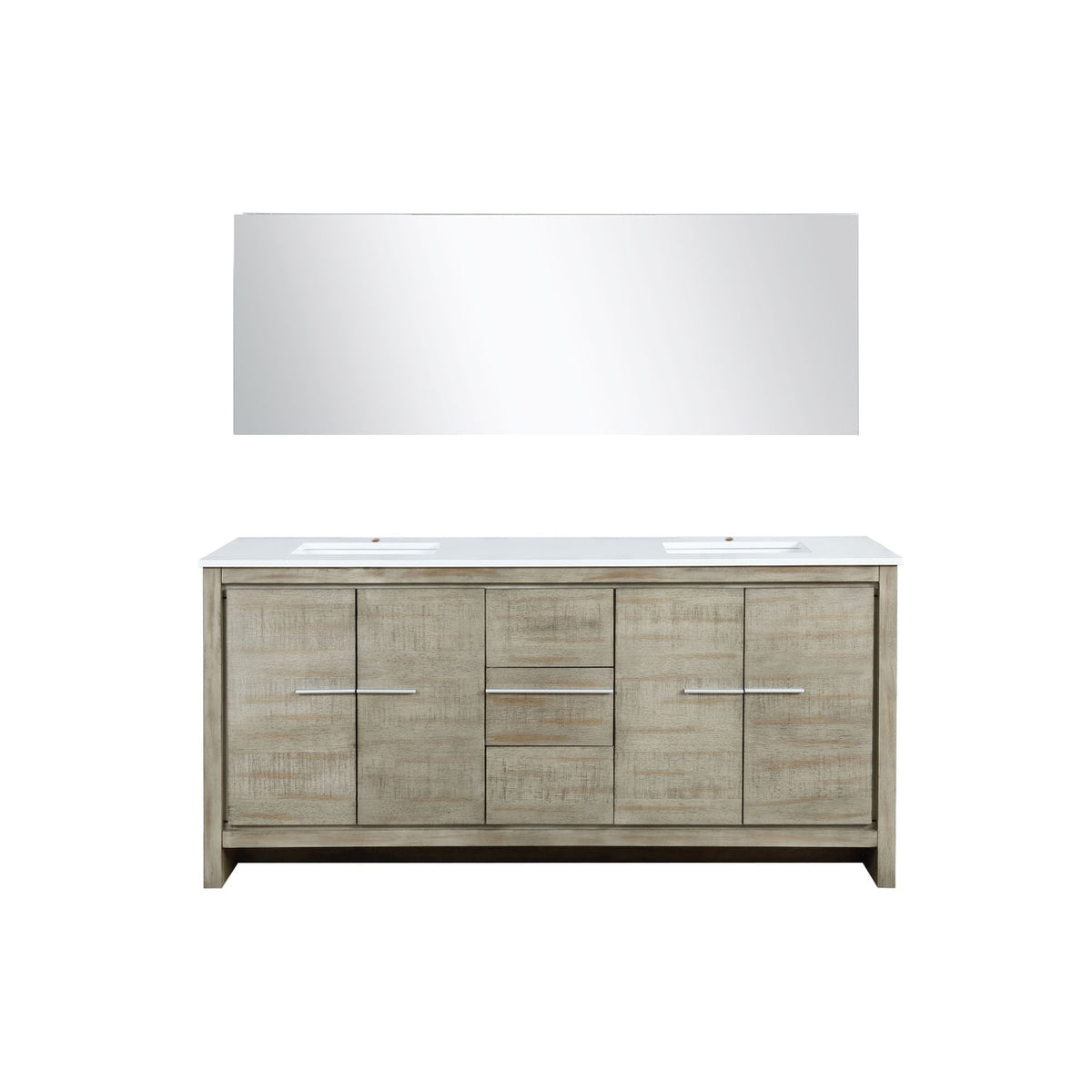 Lexora Lafarre 72" Rustic Acacia Double Bathroom Vanity, White Quartz Top, White Square Sinks, and 70" Frameless Mirror LLF72DKSODM70