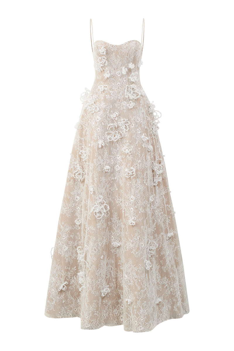 L'SCARLETT white A-line spaghetti strap lace maxi dress with gitter lace details, perfect for elegant summer occasions.