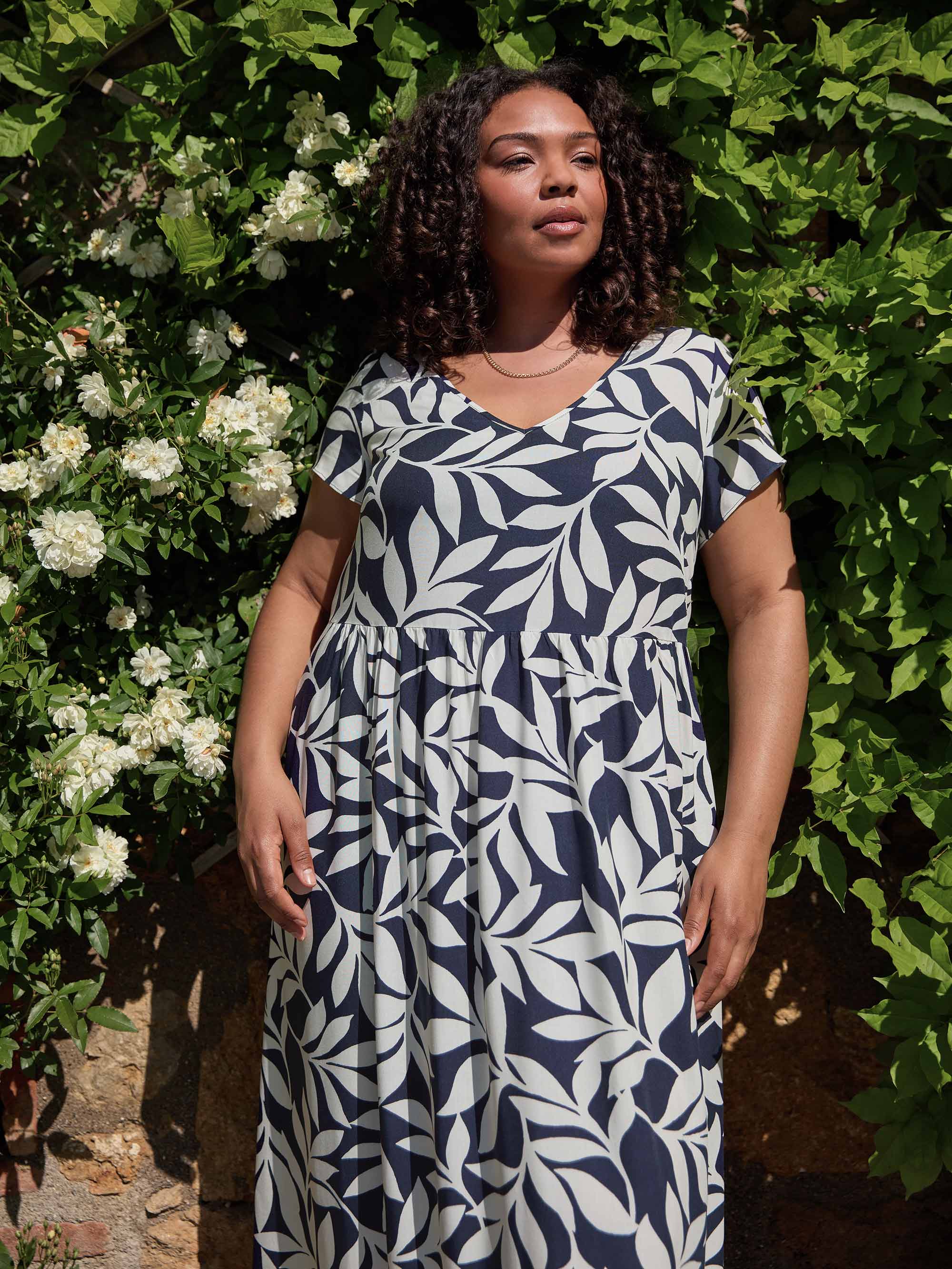 Navy Leaf Print Empire Line Midi Dress