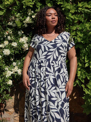 Navy Leaf Print Empire Line Midi Dress