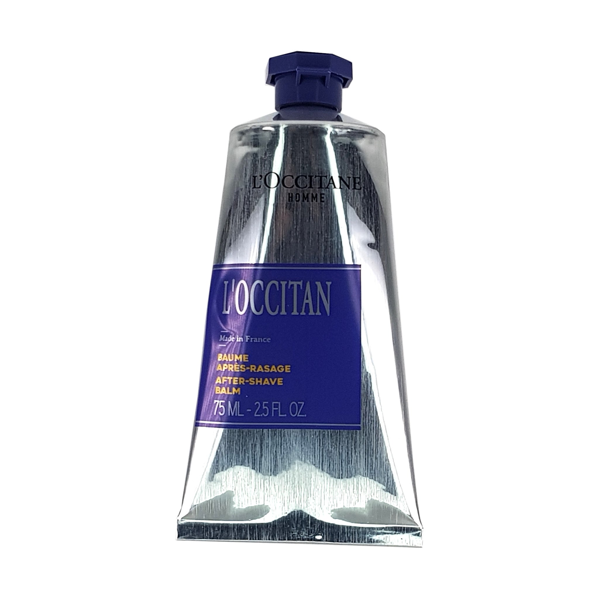 L'Occitan Aftershave Balm 75ml, Vorderansicht Aluminiumtube, mit Produktbezeichnung und Menganangabe 