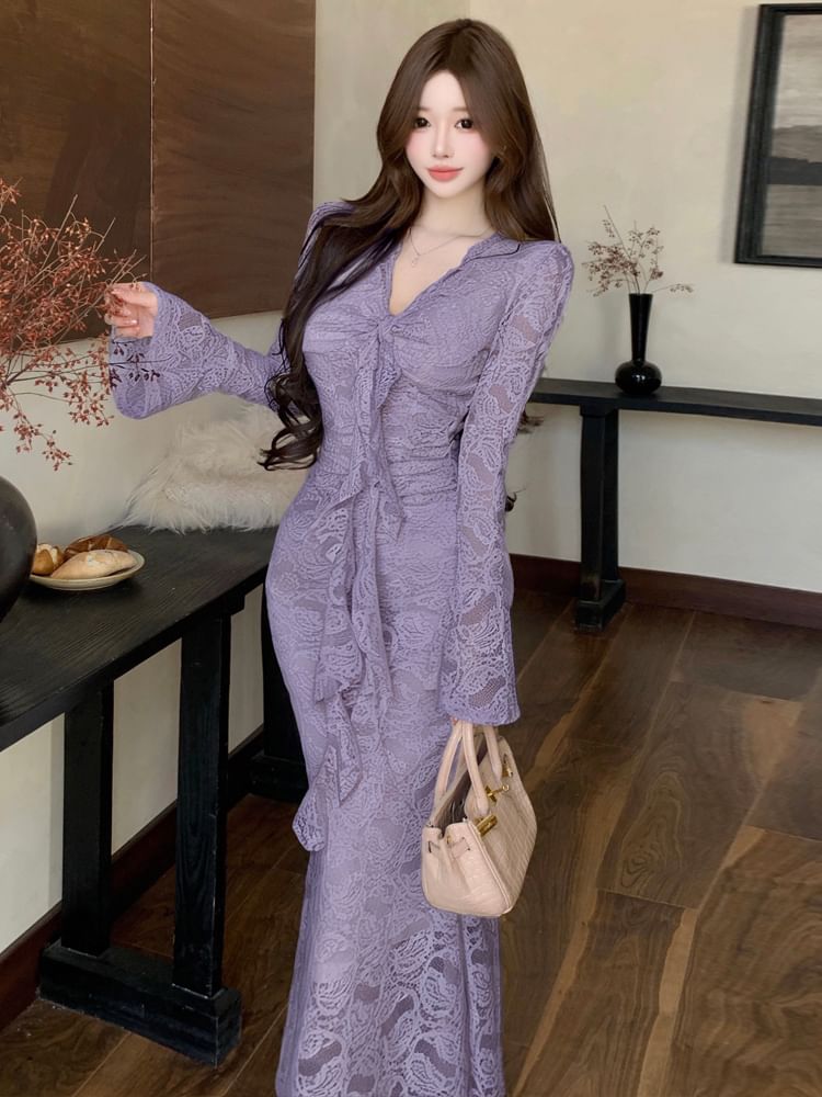Long-Sleeve V-Neck Lace Maxi Mermaid Dress