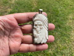 Large Skull with Eagle Carved Buffalo Bone Tibetan Silver Pendant, Unisex Skull Pendant, Jewelry for Men or Women, Sugar Skull, Skeleton