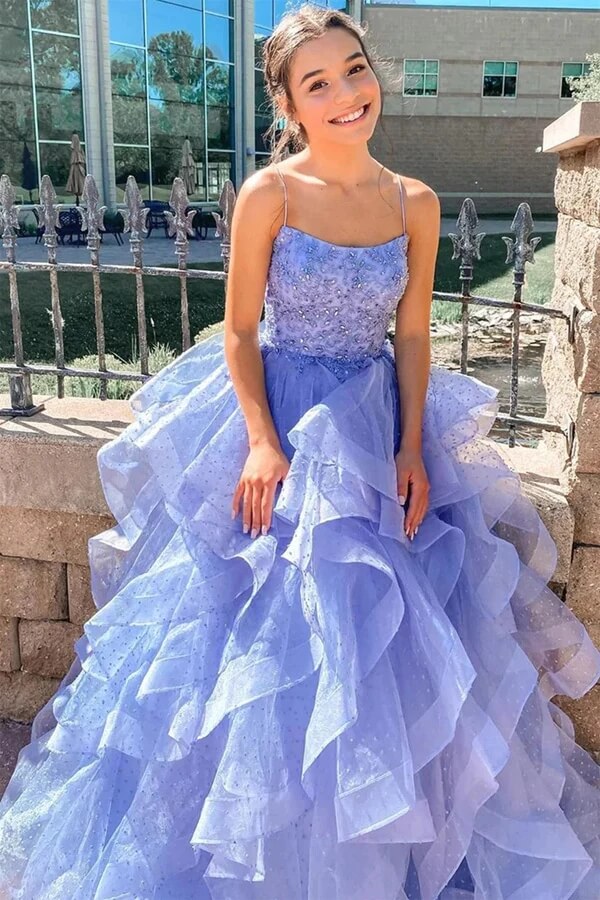 Lavender Puffy Tulle A-line Spaghetti Straps Prom Dresses, Evening Gown, MP732 | cheap long prom dresses | evening dresses | evening gown | musebridals.com