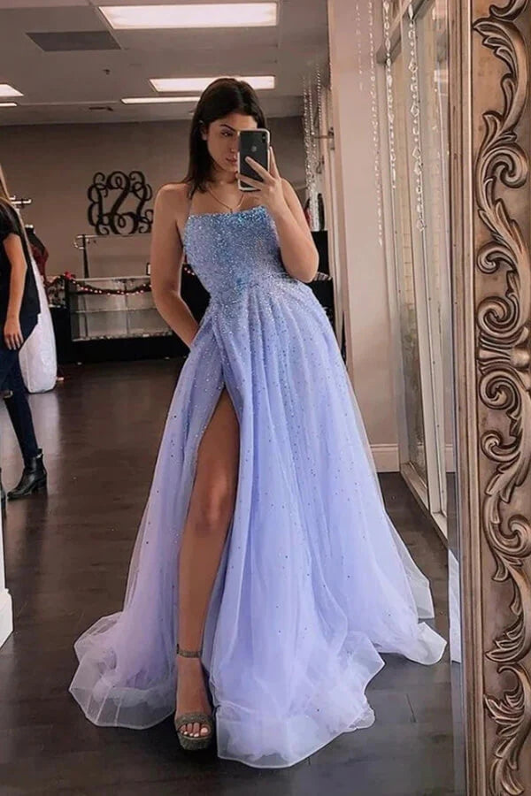 Lavender Tulle A-line Beaded Long Prom Dresses With Slit, Party Dress, MP803 | cheap long prom dress | a line prom dress | sparkly prom dress | musebridals.com