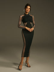 Leonid Long Sleeve Rhinestone Mesh Dress