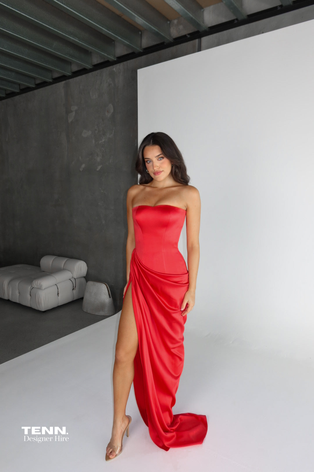 Lia Stublla Custom Bianca Gown Hire in Red – Exclusive Tenn Design with Boned Corset, Dropped Waist, and Thigh-High Slit.