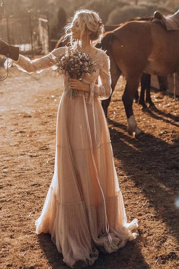 Light Brown Tulle A-line Long Sleeves Boho Rustic Wedding Dresses, MW1041 | brown wedding dress | lace wedding gown | beach wedding dress | musebridals.com