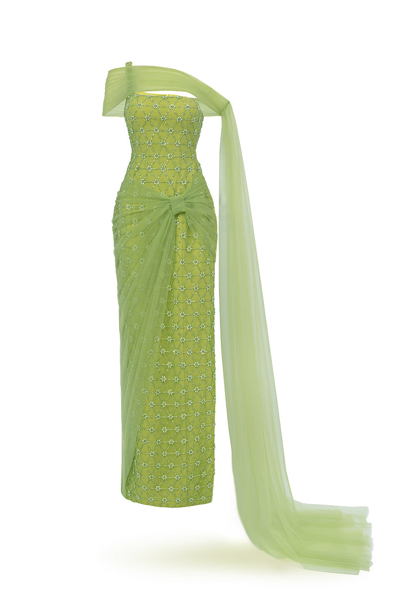 Light green crystal maxi dress by Happy Clothing, flowing fabric with elegant design, perfect for summer or special occasions.
