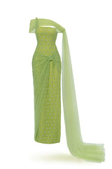 Light green crystal maxi dress by Happy Clothing, flowing fabric with elegant design, perfect for summer or special occasions.