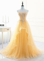 Light Yellow Beaded Tulle Long Party Dress Prom Dress, Yellow Formal Dresses